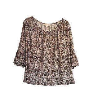 Michael Kors Cheetah Top Boho Peasant Stretch 3/4 Bell Sleeves EUC Sz L